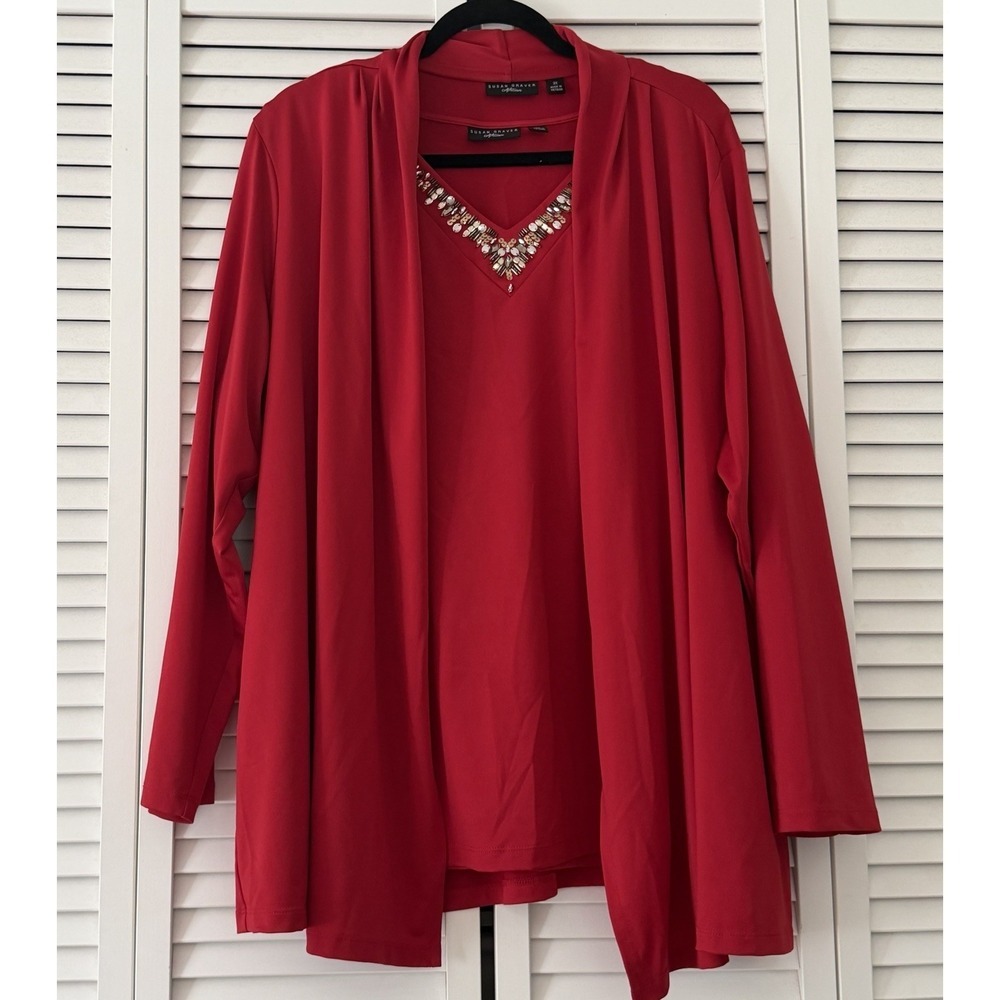 SUSAN GRAVER Artisan Butterknit Cardigan With V Neck Tank,‎ Red.  Size 3X